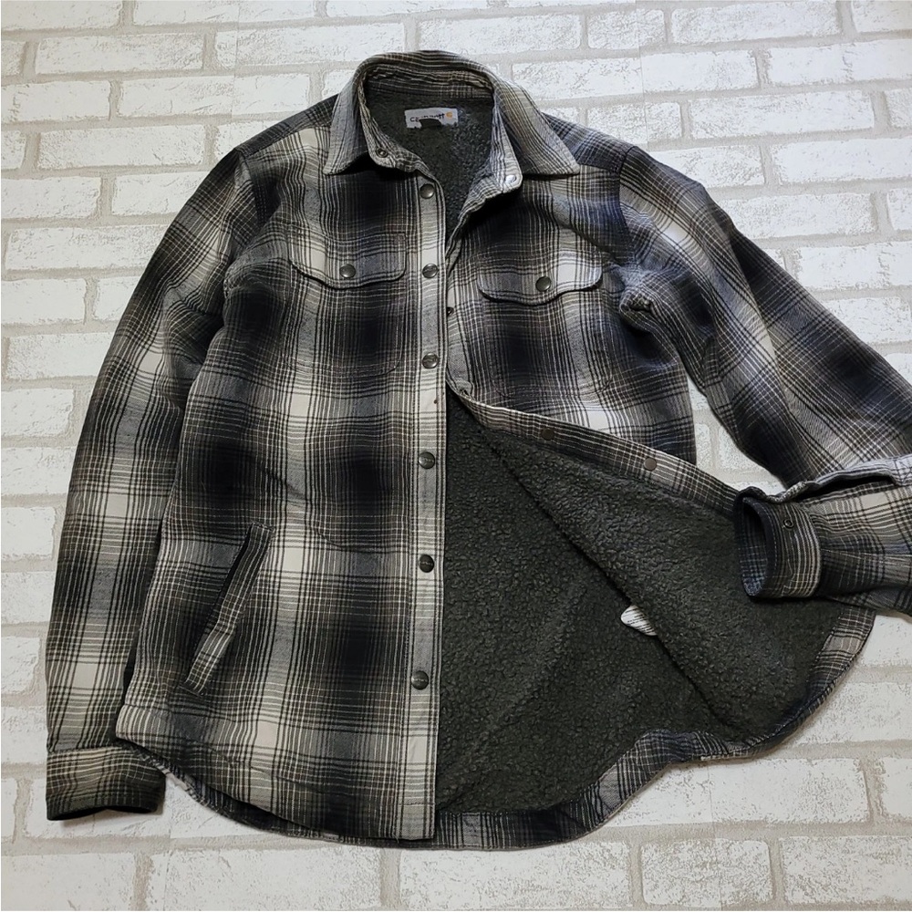 Carhartt Black and Gray Plaid Sherpa-Lined Utility Jacket